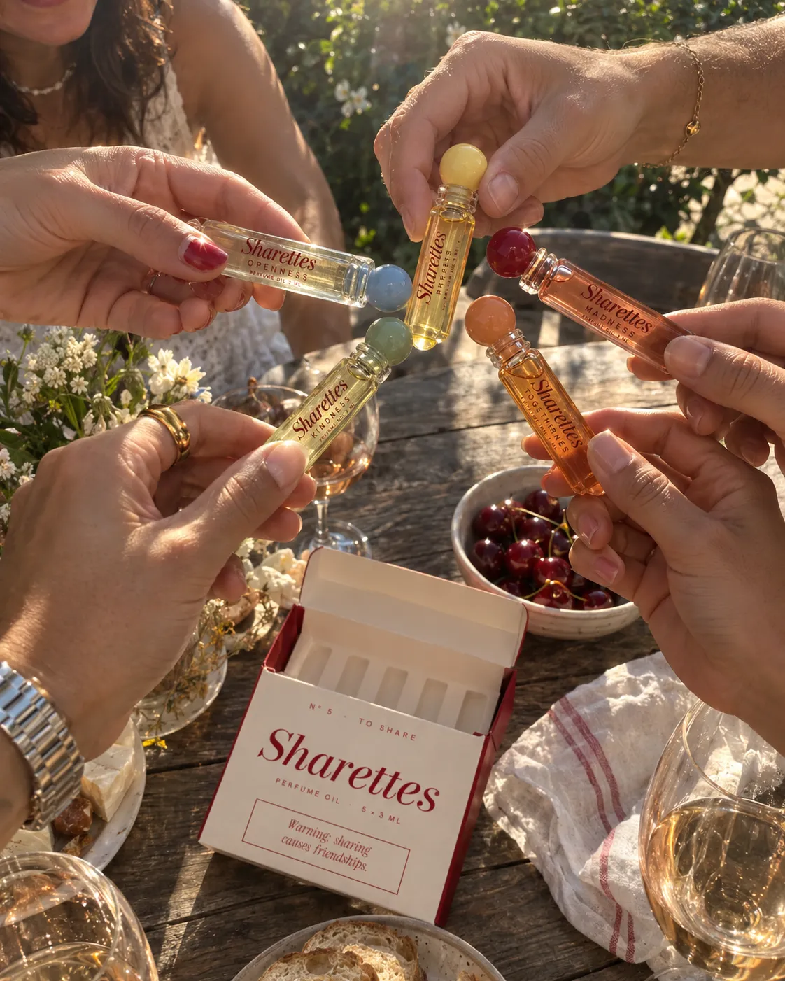 Five friends clinking their Sharettes vials together over a garden table